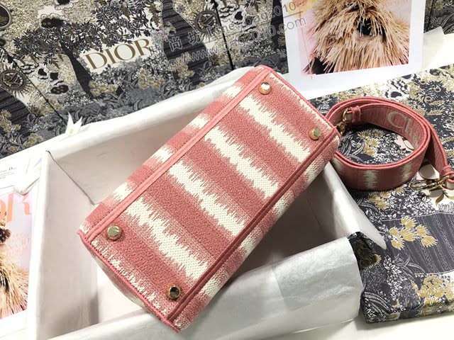 Dior女包 迪奧Lady D-Lite五格刺繡條紋粉色戴妃包 Dior手提肩背斜挎包  dfk1837